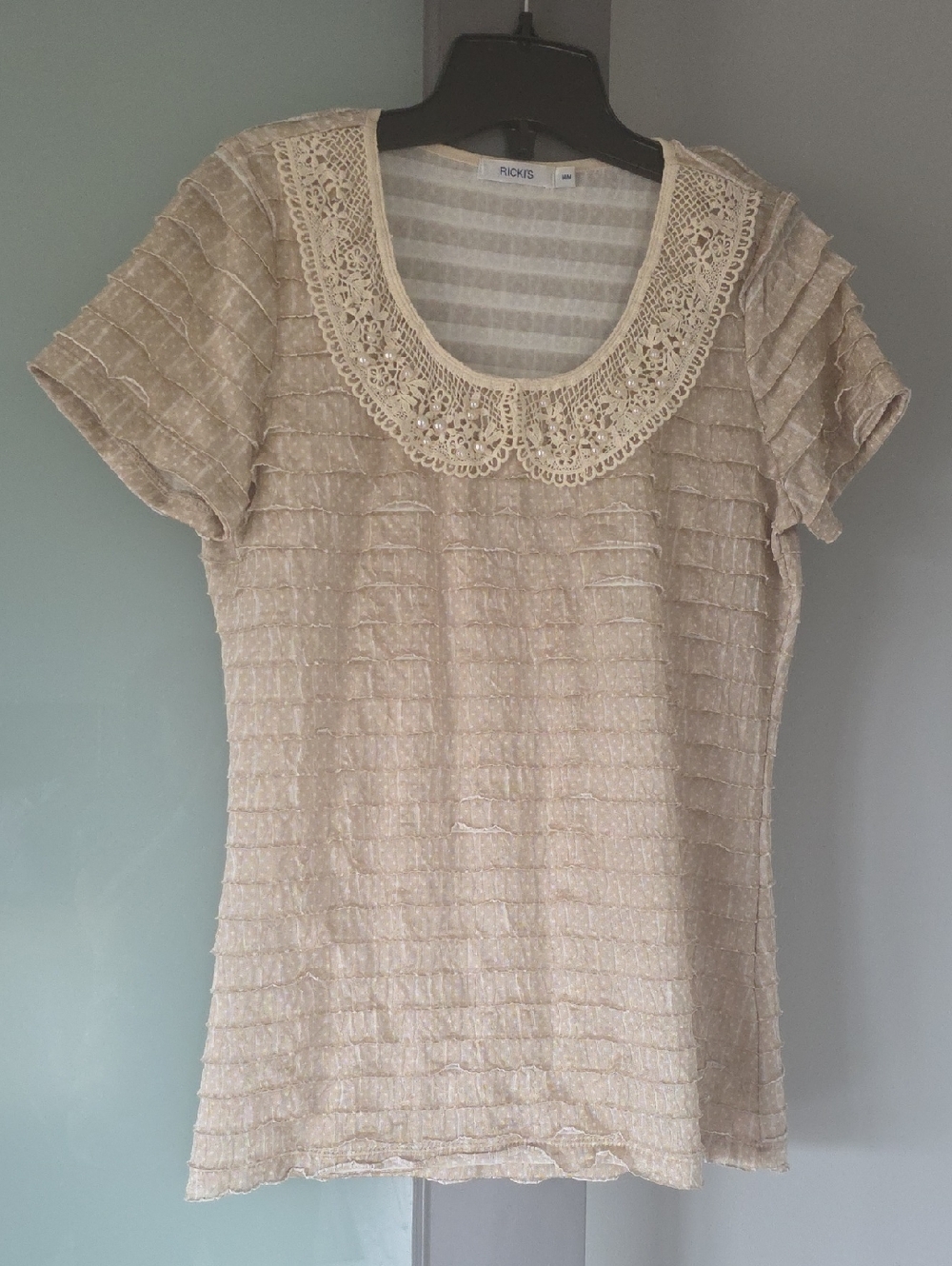 Ricki's Size M Short Sleeve Blouse With Crochet And  Beading